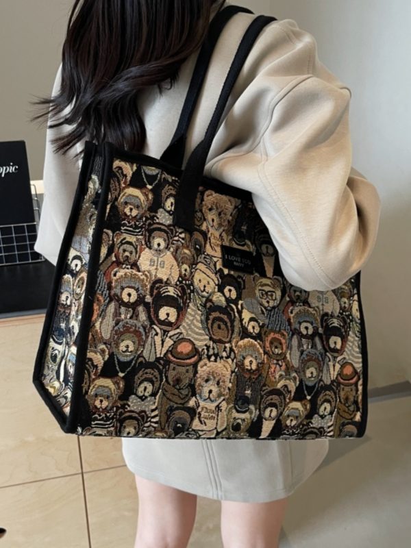 Large Capacity Cartoon Bear Canvas Tote Bag for Women - Stylish Commuting and Shopping Shoulder Bag for Short Trips