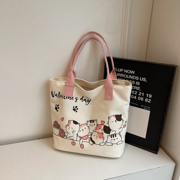 Large Capacity Cartoon Cat Canvas Tote Bag for Women, Versatile Student Shoulder Bag, Ideal Commuter Bag