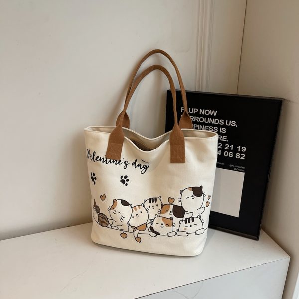 Large Capacity Cartoon Cat Canvas Tote Bag for Women, Versatile Student Shoulder Bag, Ideal Commuter Bag