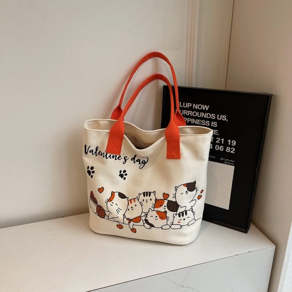 Large Capacity Cartoon Cat Canvas Tote Bag for Women, Versatile Student Shoulder Bag, Ideal Commuter Bag