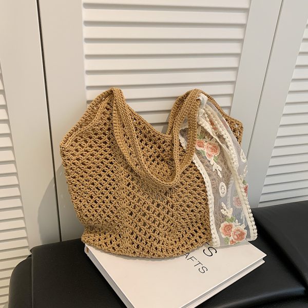 Large Capacity Cotton Yarn Hollow Woven Underarm Bag for Women - Stylish Beach Vacation Shoulder Tote