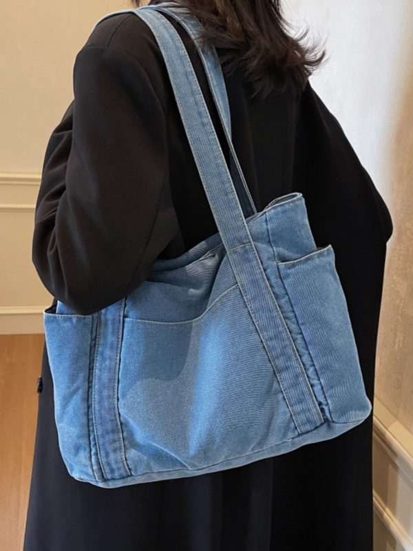 Large Capacity Denim Tote Bag for Women - Korean & Japanese Style Casual Commuting Shoulder Bag, Versatile for Classes & Everyday Use