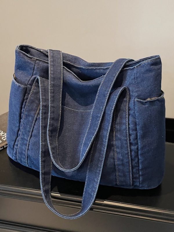 Large Capacity Denim Tote Bag for Women - Korean & Japanese Style Casual Commuting Shoulder Bag, Versatile for Classes & Everyday Use