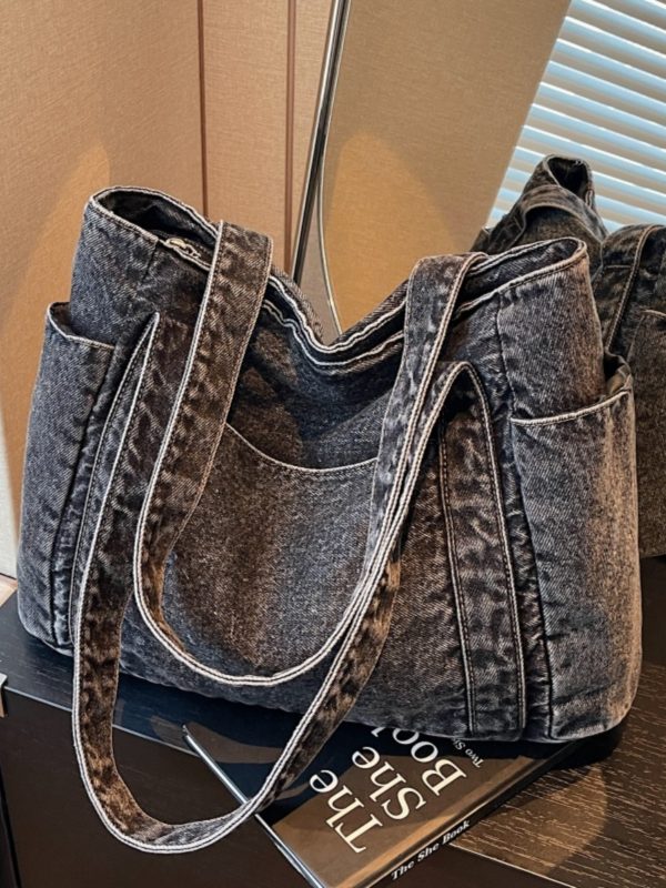 Large Capacity Denim Tote Bag for Women - Korean & Japanese Style Casual Commuting Shoulder Bag, Versatile for Classes & Everyday Use