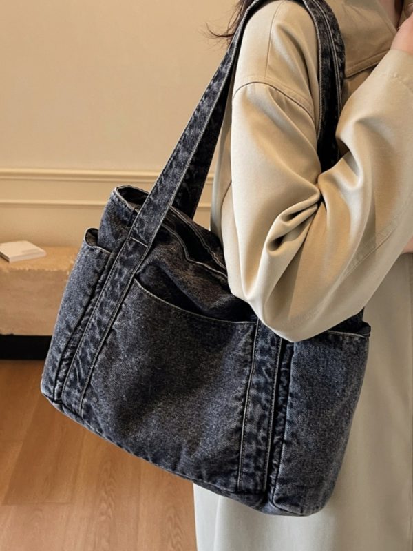 Large Capacity Denim Tote Bag for Women - Korean & Japanese Style Casual Commuting Shoulder Bag, Versatile for Classes & Everyday Use