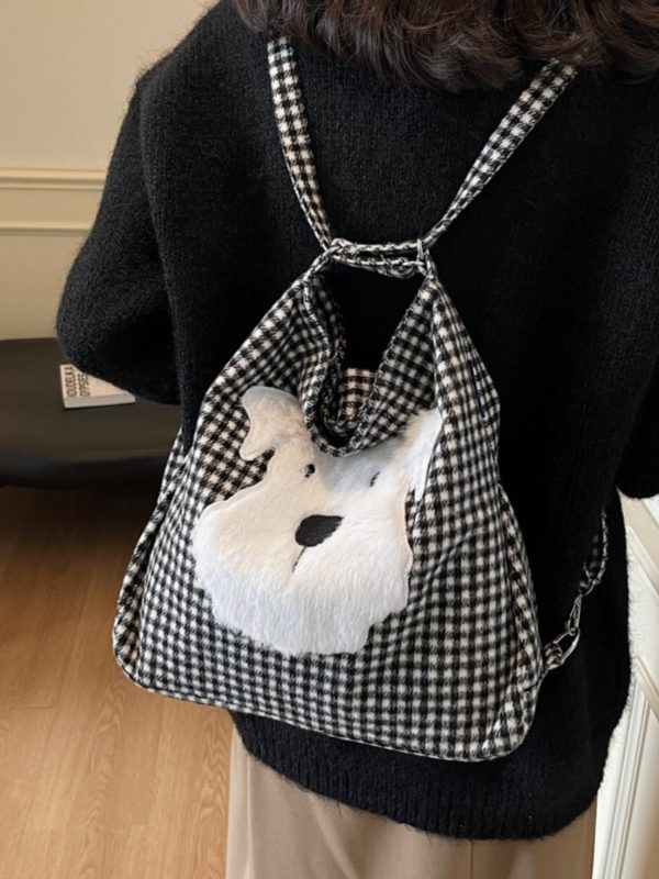 Large Capacity Dog Checkered Canvas Crossbody Tote Bag for Women - Stylish Commuter Backpack 2025 New Trend