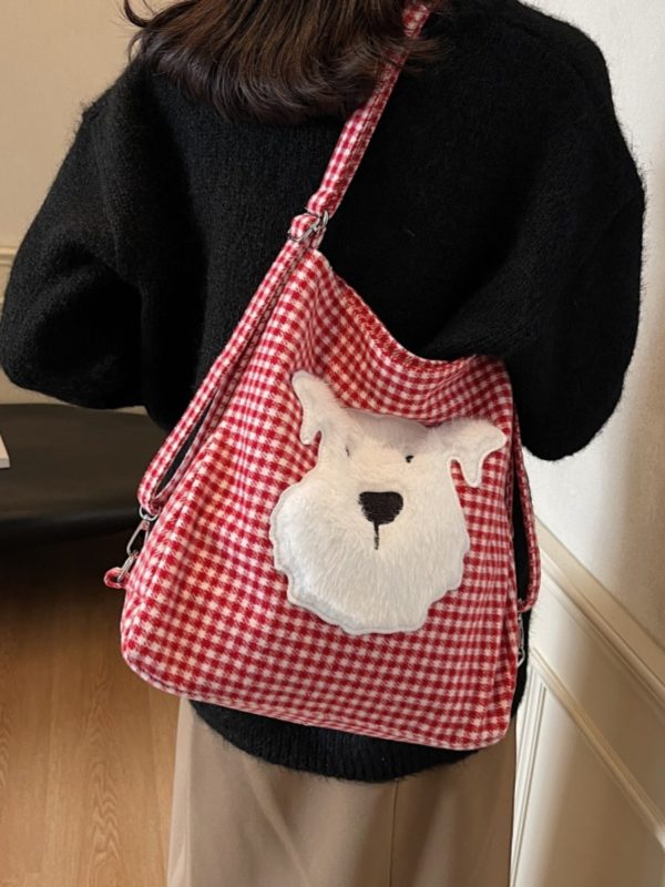 Large Capacity Dog Checkered Canvas Crossbody Tote Bag for Women - Stylish Commuter Backpack 2025 New Trend
