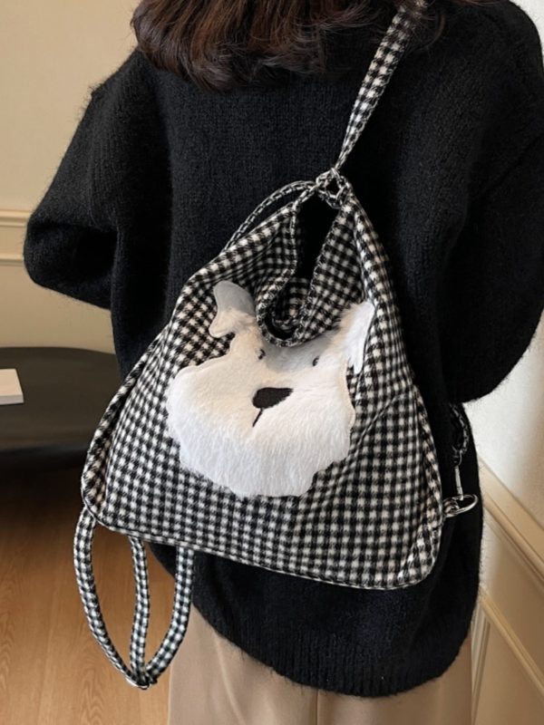 Large Capacity Dog Checkered Canvas Crossbody Tote Bag for Women - Stylish Commuter Backpack 2025 New Trend