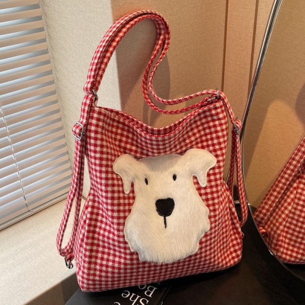 Large Capacity Dog Checkered Canvas Crossbody Tote Bag for Women - Stylish Commuter Backpack 2025 New Trend