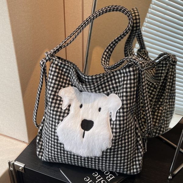 Large Capacity Dog Checkered Canvas Crossbody Tote Bag for Women - Stylish Commuter Backpack 2025 New Trend