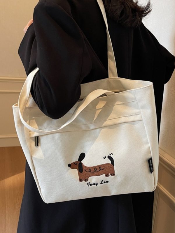 Large Capacity Embroidered Canvas Tote Bag for Women - Stylish Commuter Shoulder Bag for Students - 2025 Model