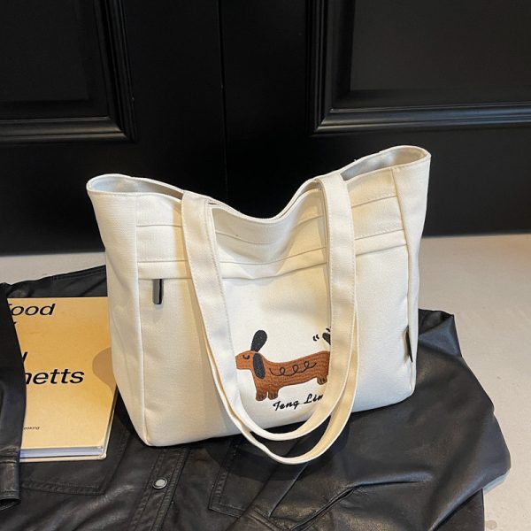 Large Capacity Embroidered Canvas Tote Bag for Women - Stylish Commuter Shoulder Bag for Students - 2025 Model