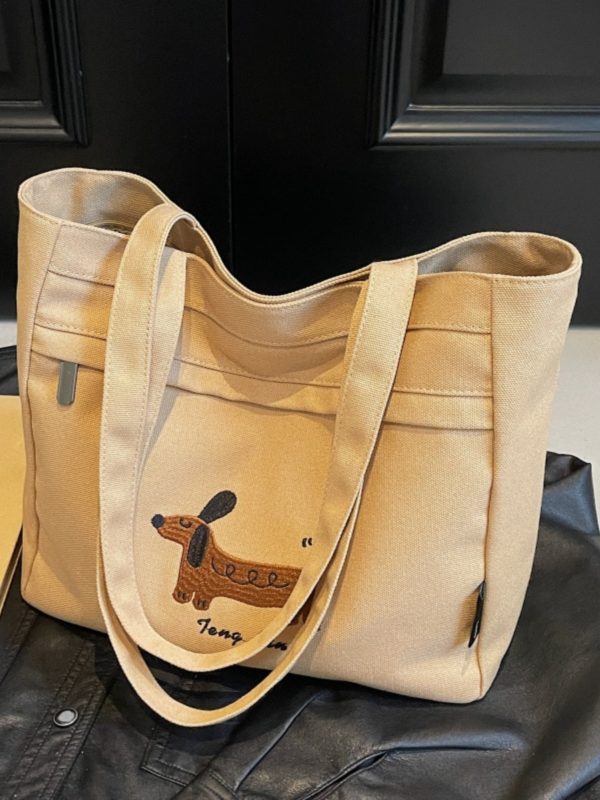 Large Capacity Embroidered Canvas Tote Bag for Women - Stylish Commuter Shoulder Bag for Students - 2025 Model