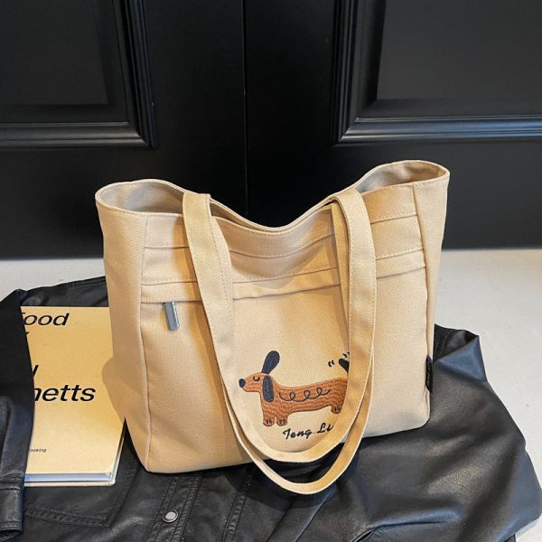 Large Capacity Embroidered Canvas Tote Bag for Women - Stylish Commuter Shoulder Bag for Students - 2025 Model