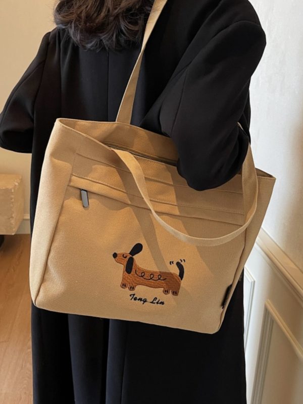 Large Capacity Embroidered Canvas Tote Bag for Women - Stylish Commuter Shoulder Bag for Students - 2025 Model