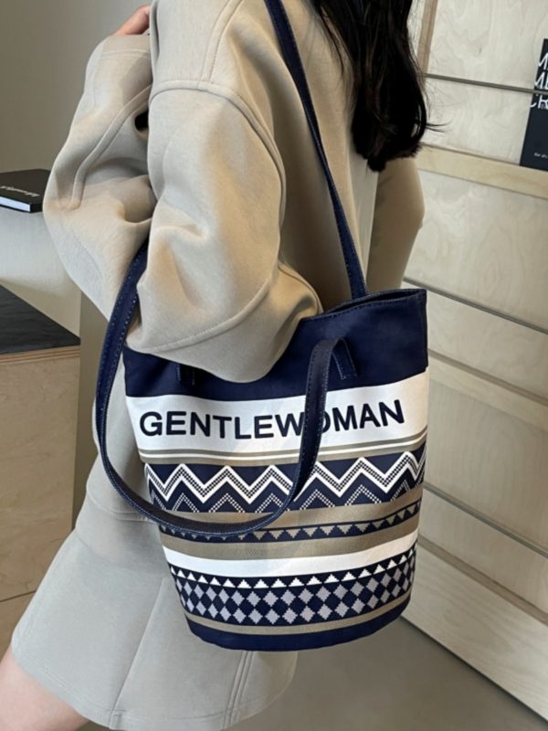 Large Capacity Ethnic Style Women's Canvas Tote Bag - 2025 Commuting Single Shoulder Bucket Bag for Everyday Use
