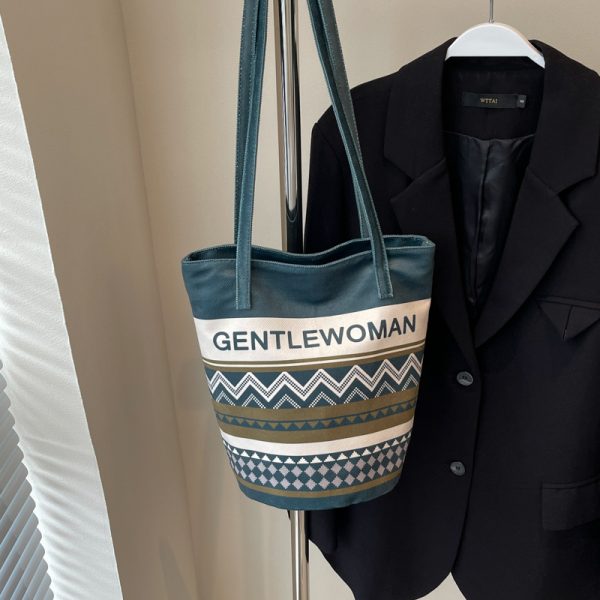 Large Capacity Ethnic Style Women's Canvas Tote Bag - 2025 Commuting Single Shoulder Bucket Bag for Everyday Use