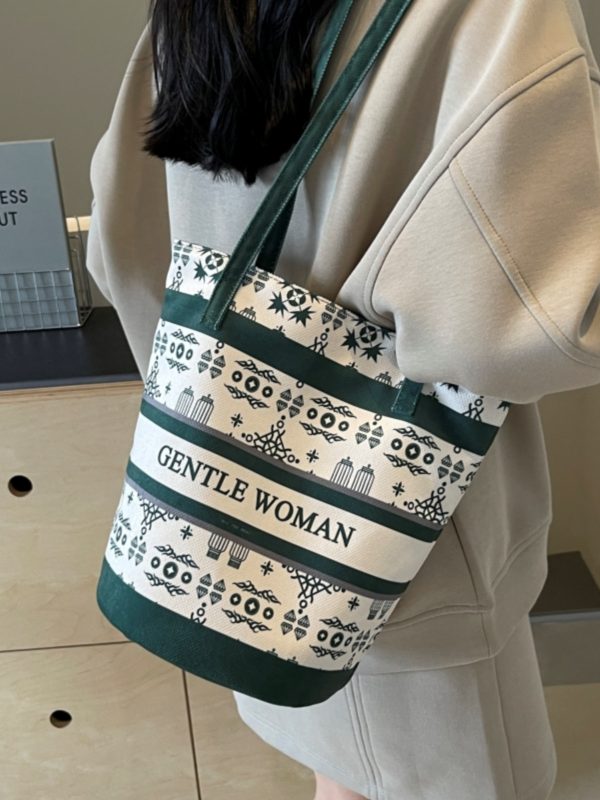 Large Capacity Ethnic Style Women's Canvas Tote Bag - 2025 Commuting Single Shoulder Bucket Bag for Everyday Use