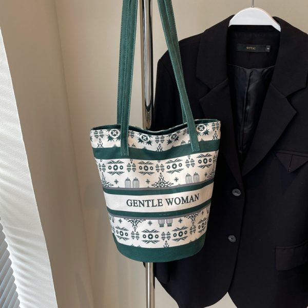 Large Capacity Ethnic Style Women's Canvas Tote Bag - 2025 Commuting Single Shoulder Bucket Bag for Everyday Use