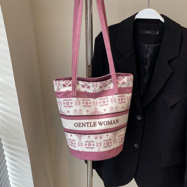 Large Capacity Ethnic Style Women's Canvas Tote Bag - 2025 Commuting Single Shoulder Bucket Bag for Everyday Use