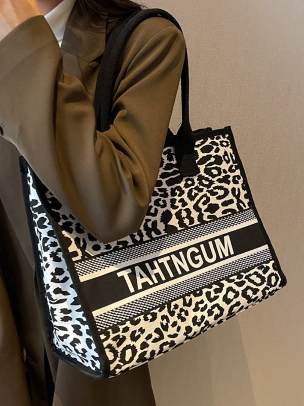 Large Capacity Leopard Print Canvas Tote Bag for Women - Stylish Shopping Bag for Spring/Summer Outings and Commuting