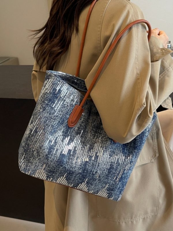 Large Capacity Sequin Denim Tote Bag for Women - Stylish Shoulder Bag for Spring 2025, Perfect for Commuting and Daily Use