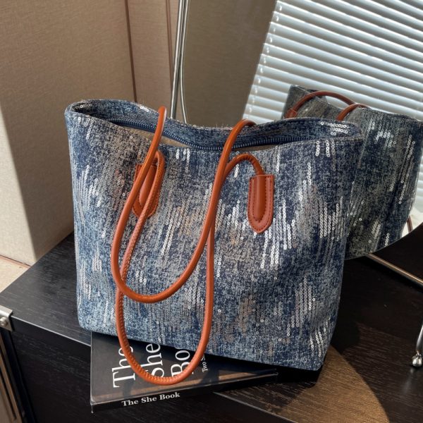 Large Capacity Sequin Denim Tote Bag for Women - Stylish Shoulder Bag for Spring 2025, Perfect for Commuting and Daily Use