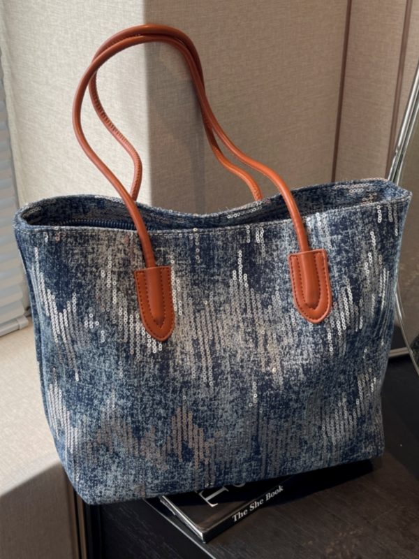Large Capacity Sequin Denim Tote Bag for Women - Stylish Shoulder Bag for Spring 2025, Perfect for Commuting and Daily Use