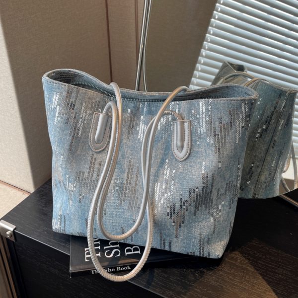 Large Capacity Sequin Denim Tote Bag for Women - Stylish Shoulder Bag for Spring 2025, Perfect for Commuting and Daily Use