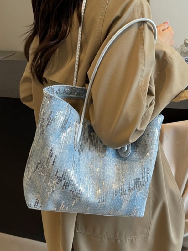 Large Capacity Sequin Denim Tote Bag for Women - Stylish Shoulder Bag for Spring 2025, Perfect for Commuting and Daily Use