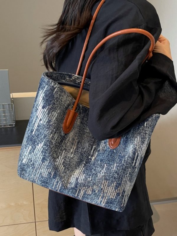 Large Capacity Sequin Denim Tote Bag for Women - Stylish Shoulder Bag for Spring 2025, Perfect for Commuting and Daily Use