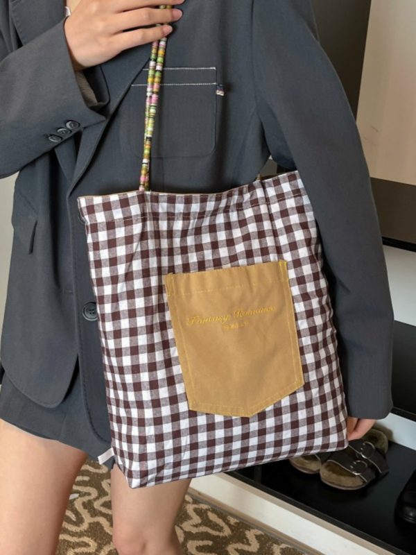 Large Capacity Spring Plaid Canvas Tote Bag for Women - Double-Sided Commuting Shoulder Bag, Ideal Student Classroom Accessory
