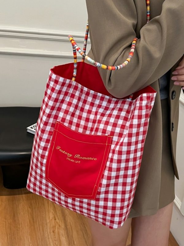 Large Capacity Spring Plaid Canvas Tote Bag for Women - Double-Sided Commuting Shoulder Bag, Ideal Student Classroom Accessory
