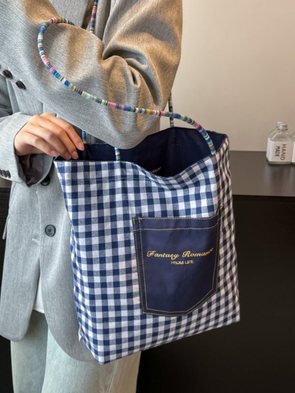 Large Capacity Spring Plaid Canvas Tote Bag for Women - Double-Sided Commuting Shoulder Bag, Ideal Student Classroom Accessory