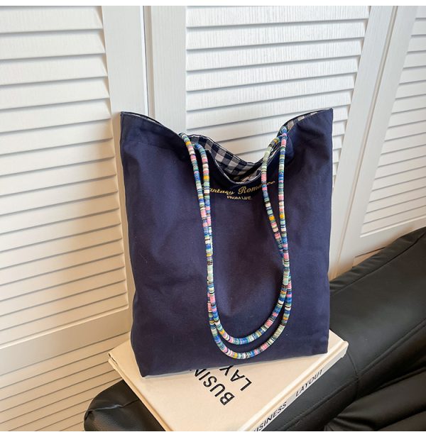 Large Capacity Spring Plaid Canvas Tote Bag for Women - Double-Sided Commuting Shoulder Bag, Ideal Student Classroom Accessory