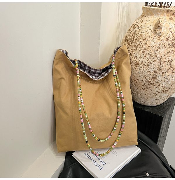 Large Capacity Spring Plaid Canvas Tote Bag for Women - Double-Sided Commuting Shoulder Bag, Ideal Student Classroom Accessory