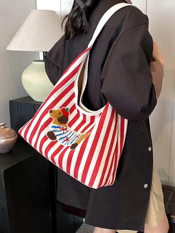 Large Capacity Striped Canvas Shopping Bag for Women - Stylish Shoulder Tote for Students and Commuters - 2025 Trend