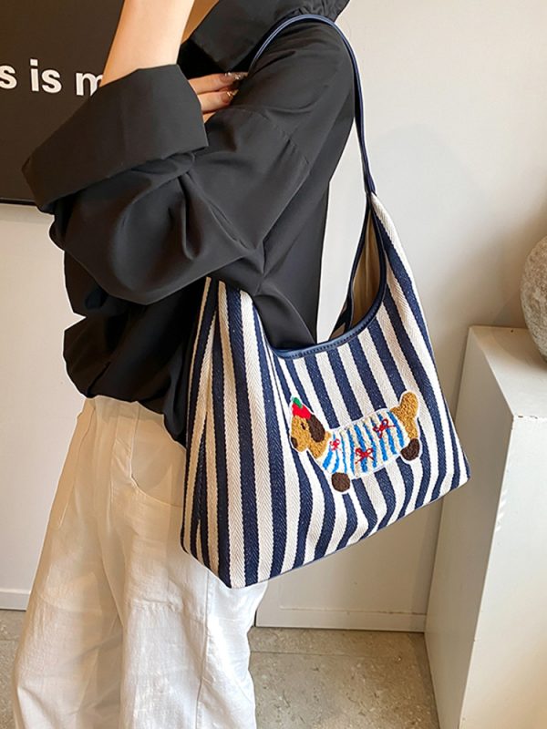 Large Capacity Striped Canvas Shopping Bag for Women - Stylish Shoulder Tote for Students and Commuters - 2025 Trend