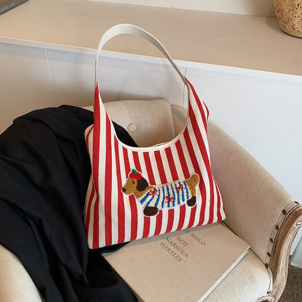 Large Capacity Striped Canvas Shopping Bag for Women - Stylish Shoulder Tote for Students and Commuters - 2025 Trend