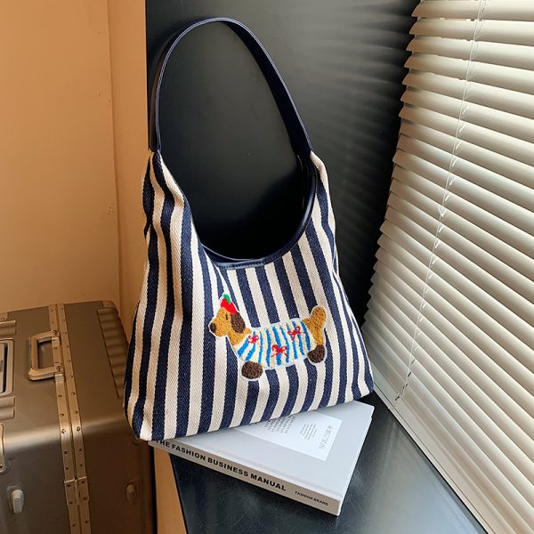 Large Capacity Striped Canvas Shopping Bag for Women - Stylish Shoulder Tote for Students and Commuters - 2025 Trend