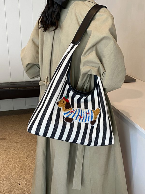 Large Capacity Striped Canvas Shopping Bag for Women - Stylish Shoulder Tote for Students and Commuters - 2025 Trend