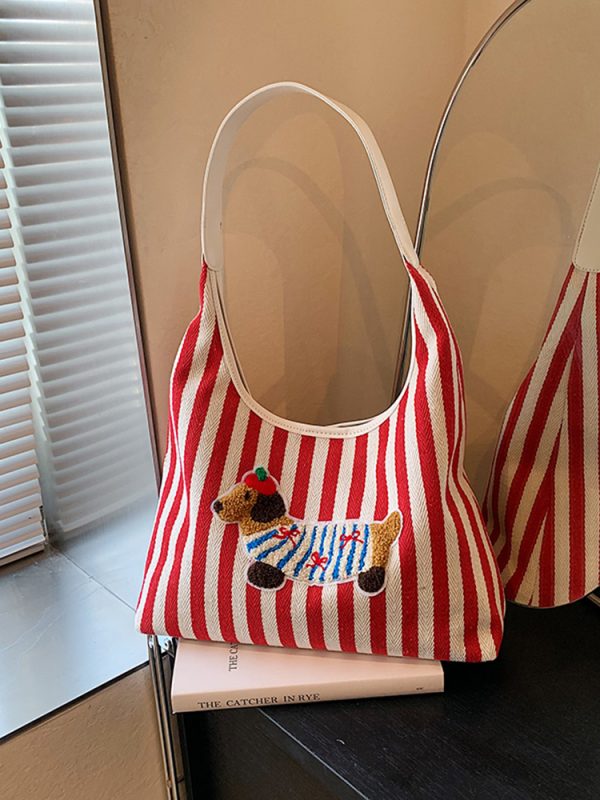 Large Capacity Striped Canvas Shopping Bag for Women - Stylish Shoulder Tote for Students and Commuters - 2025 Trend
