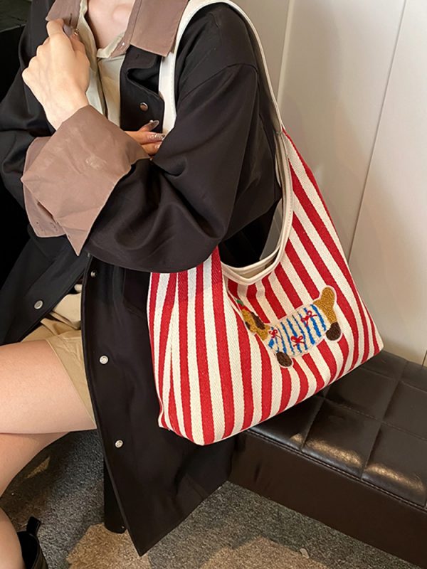 Large Capacity Striped Canvas Shopping Bag for Women - Stylish Shoulder Tote for Students and Commuters - 2025 Trend