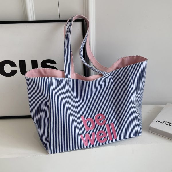 Large Capacity Striped Canvas Tote Bag for Women - Double-Sided Summer Shopping Bag for Commuting and Short Trips