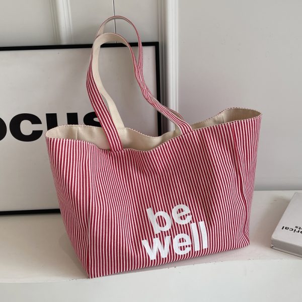 Large Capacity Striped Canvas Tote Bag for Women - Double-Sided Summer Shopping Bag for Commuting and Short Trips