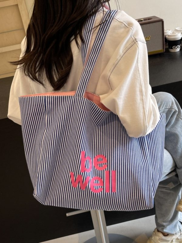 Large Capacity Striped Canvas Tote Bag for Women - Double-Sided Summer Shopping Bag for Commuting and Short Trips