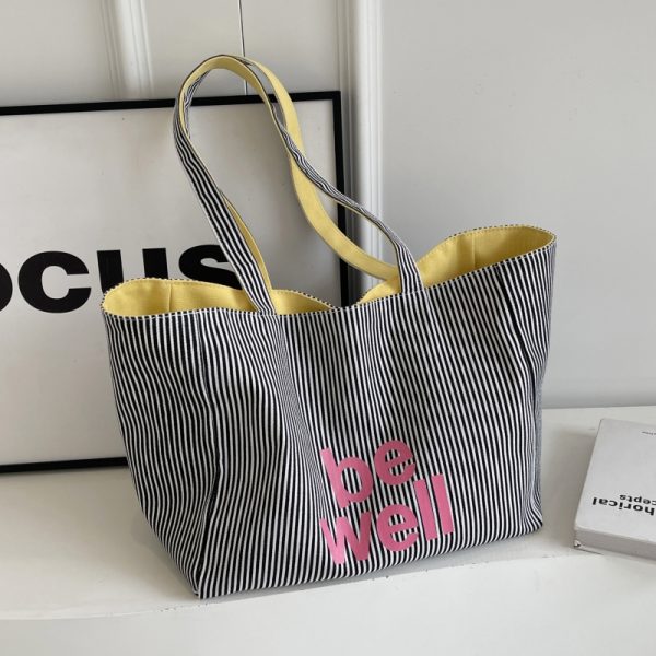 Large Capacity Striped Canvas Tote Bag for Women - Double-Sided Summer Shopping Bag for Commuting and Short Trips