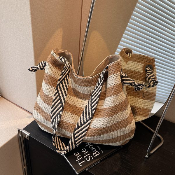 Large Capacity Striped Straw Woven Tote Bag for Women - Summer Shoulder Commuting Beach Vacation Bag