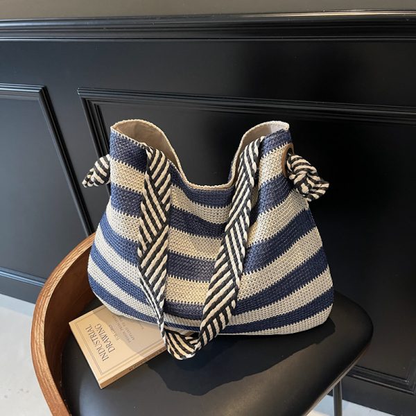 Large Capacity Striped Straw Woven Tote Bag for Women - Summer Shoulder Commuting Beach Vacation Bag