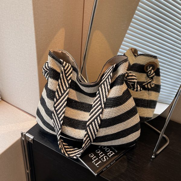 Large Capacity Striped Straw Woven Tote Bag for Women - Summer Shoulder Commuting Beach Vacation Bag